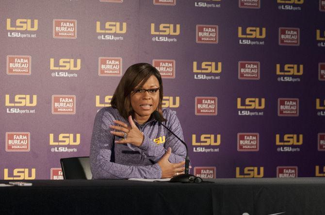 LSU Women's Basketball Head Coach Nikki Fargas answers a question on October 12, 2016 in the University Basketball Practice Facility.