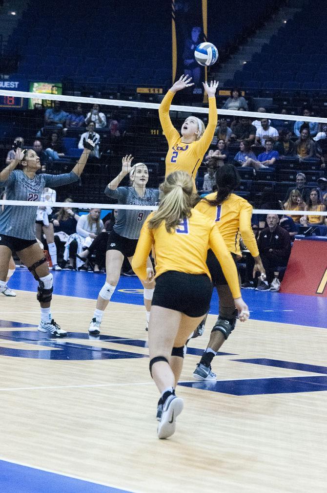 LSU freshman settler Anna Zwiebel (2) prompts to defend ball during 3-1 loss against Texas A&amp; M on Friday, Sept. 30, 2016, at Pete Maravich Assembly Center.