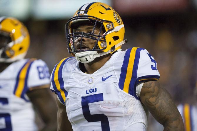 LSU sophomore running back Derris Guice (5) celebrates a touchdown during the Tigers' 42-7 victory against Missouri on Saturday, Oct. 1, 2016 in Tiger Stadium.&#160;