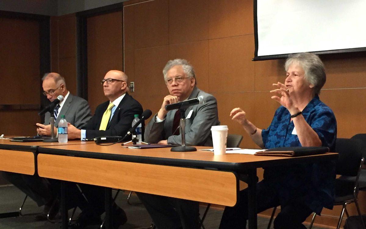 From left to right, panelists Thomas Miller of Southern University, Matthew Lee of LSU, Matthew Ware of Grambling State University and Mary Jarzabek of LSU-Shreveport engage in a discussion on historically black colleges and universities during a symposium on race relations at LSU Tuesday.&#160;