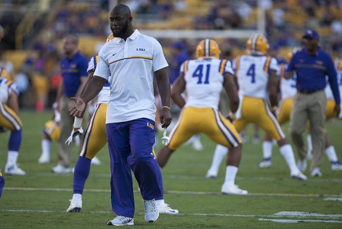 LSU junior running back Leonard Fournette (7) helps out with drills before the Tigers' 42-7 victory against Missouri on Saturday, Oct. 1, 2016 in Tiger Stadium.&#160;