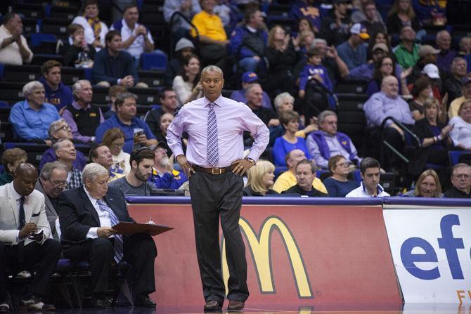 LSU Men's Basketball head coach Johnny Jones watches on from the sidelines during LSU's 81-70 victory over McNeese State University on Friday, Nov. 13, 2015 in the Pete Maravich Assembly Center.