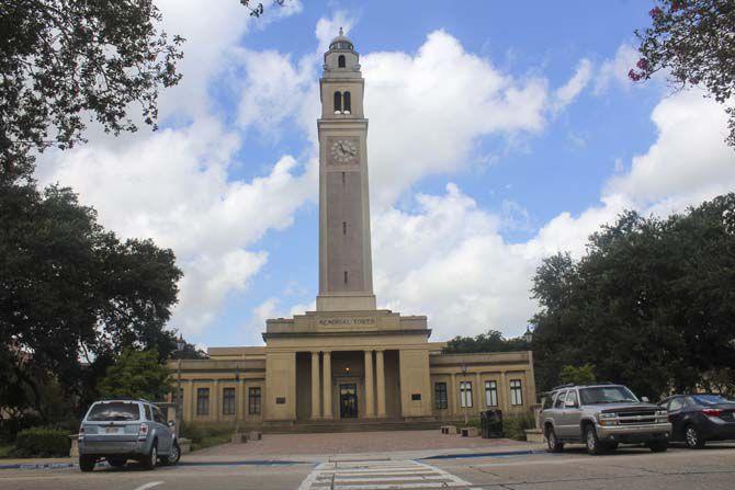 Memorial Tower, towers peacefully over its courtyard on Wednesdsay, Aug, 17, 2016, near Thomas Boyd Hall.