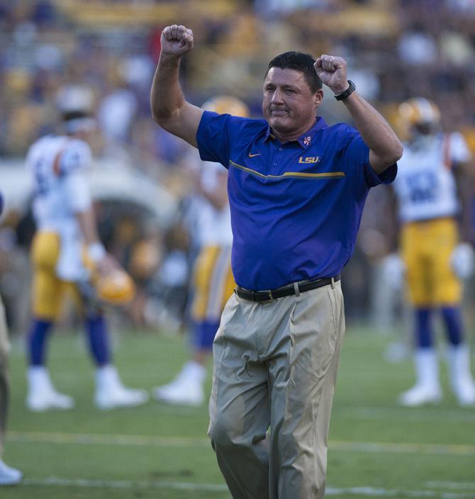 LSU Interim Head Coach Ed Orgeron dances during drills before the Tigers' 42-7 victory against Missouri on Saturday, Oct. 1, 2016 in Tiger Stadium.&#160;