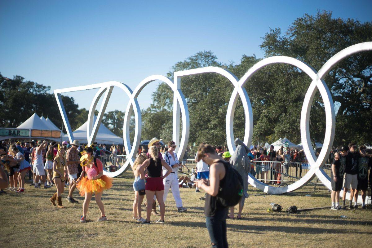 Attendees gathering near the Voodoo letter installation on Saturday Oct. 29, 2016 at the Voodoo Music and Arts Experience (Voodoo Festival) at City Park in New Orleans, Louisiana.