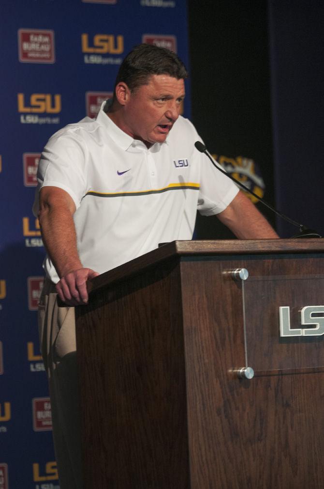 Head coach Ed Orgeron addresses the media about the upcoming LSU vs. Alabama game at the weekly Lunch with Ed on Monday, Oct. 31, 2016.