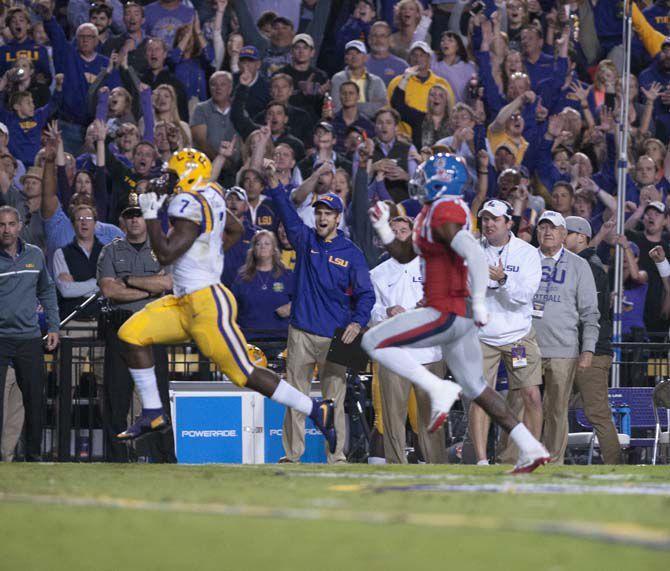 LSU junior running back Leonard Fournette (7) running for a touchdown during Tigers' 38-21 Victory against University of Mississippi on Oct. 22, 2016, in Death Valley.