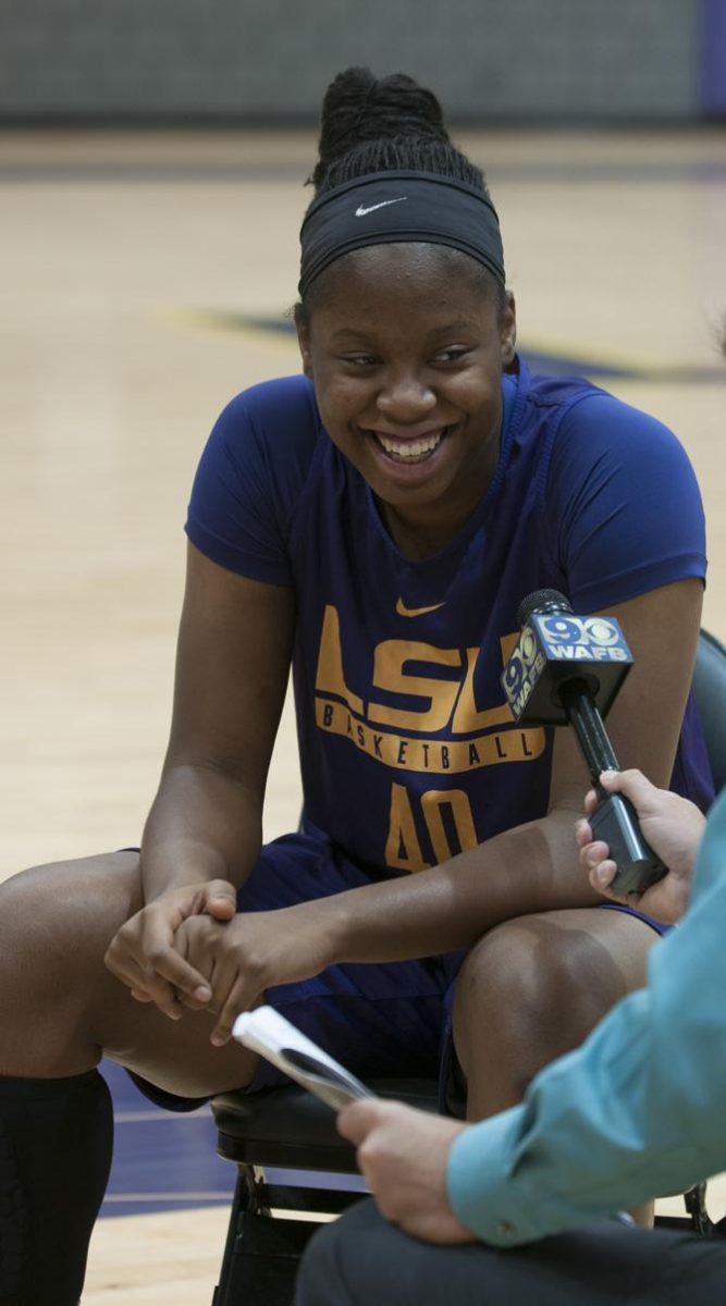 LSU then-freshman center Faustine Aifuwa (40) speaks with a reporter on October 12, 2016 in the University Basketball Practice Facility.