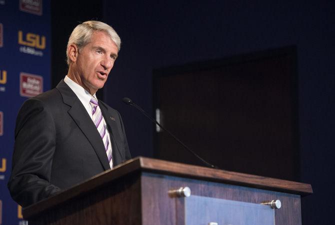 LSU athletic director Joe Alleva speaks to the press about the changes being made to LSU staffing and about new interim head coach Ed Orgeron on Monday September 26, 2016, in the press conference room in the LSU Athletic Administration building.