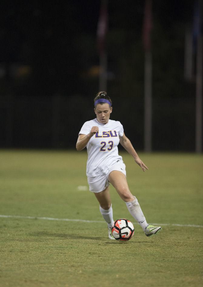 LSU freshman defender Ellie Weber (23) dribbles the ball upfield during the 2-1 loss against Auburn on October 21, 2016 at the LSU Soccer Stadium.