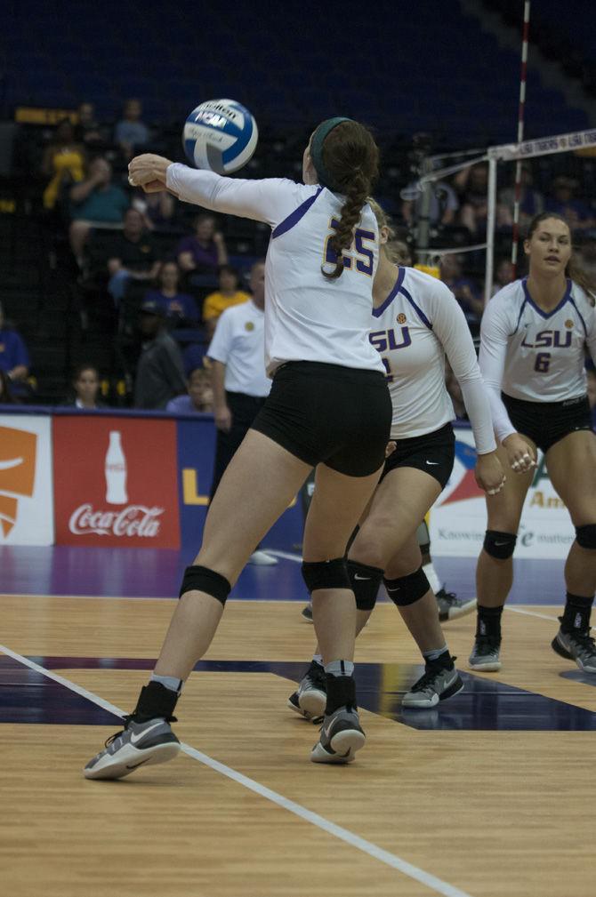 LSU sophomore outside hitter/right side Toni Rodriguez (25) hits the ball during the Tigers' 3-1 loss against the University of South Carolina on October 16, 2016 at the Pete Maravich Assembly Center.