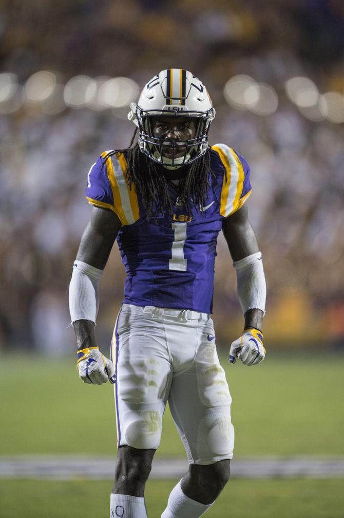 LSU sophomore defensive back Donte Jackson (1) turns to the Tiger's student section during the LSU 45-10 win against Southern Mississippi on Saturday Oct. 15, 2016, in Tiger Stadium.