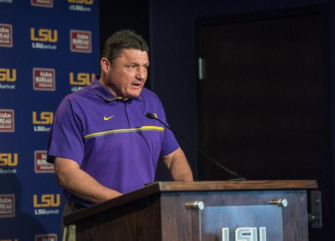 LSU interim head football coach Ed Orgeron speaks to the media during the weekly press conference on Monday Nov. 21, 2016, in the Moran Family Center for Athletic Administration building on LSU campus.