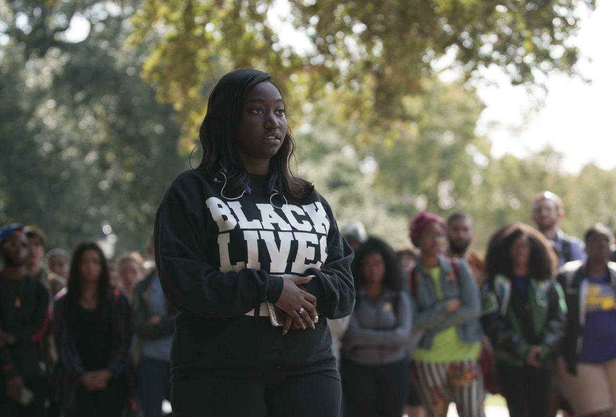 Destinee Merida speaks during a protest on November 10,2016 in the LSU Quad.