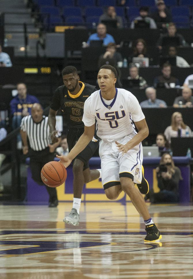 LSU sophomore guard Brandon Sampson (0) dribbles the ball down court during the Tigers' 61-78 win against Southern Miss&#160;on Nov. 15, 2016 in the Pete Maravich Assembly Center.