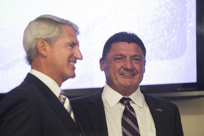 Newly appointed interim head football coach Ed Orgeron (right) and LSU athletic director Joe Alleva (left) on Monday September 26, 2016, in the press conference room in the LSU Athletic Administration building.