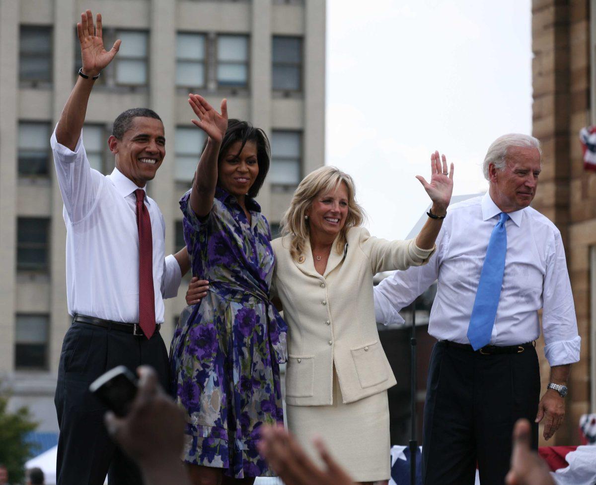 Barack and Michelle Obama and Joe and Jill Biden attend an event in August 2008.