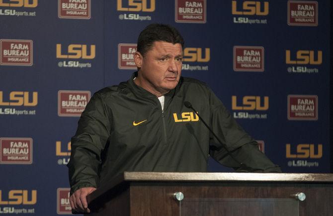 LSU interim head coach Ed Orgeron discusses the upcoming game against Florida at his weekly press conference on Monday, Nov. 14, 2016.