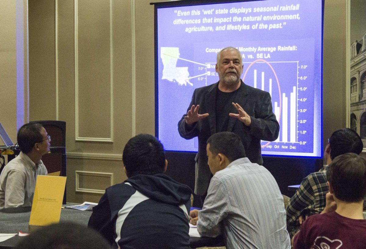 Chief Meteorologist at WAFB Jay Grymes gives a presentation on Louisiana&#8217;s climate Wednesday during the intercultural dialogue on weather, water and climate.