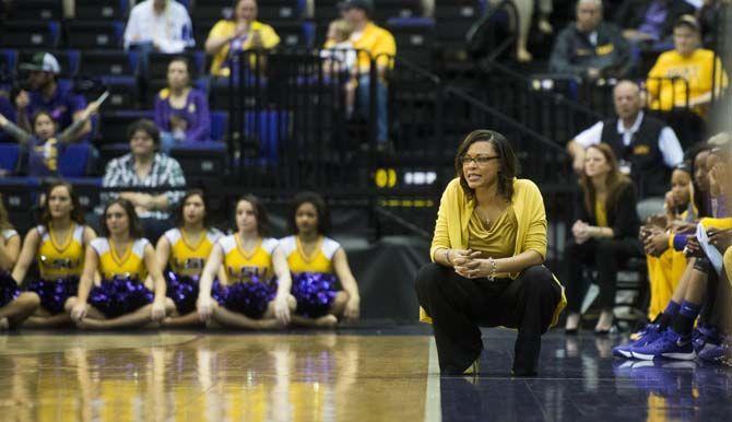 LSU womens basketball Head Coach Nikki Fargas on the sidelines during an LSU free-throw during the LSU 47-58 loss against Georgia on Sunday Feb. 14, 2016, in the PMAC.