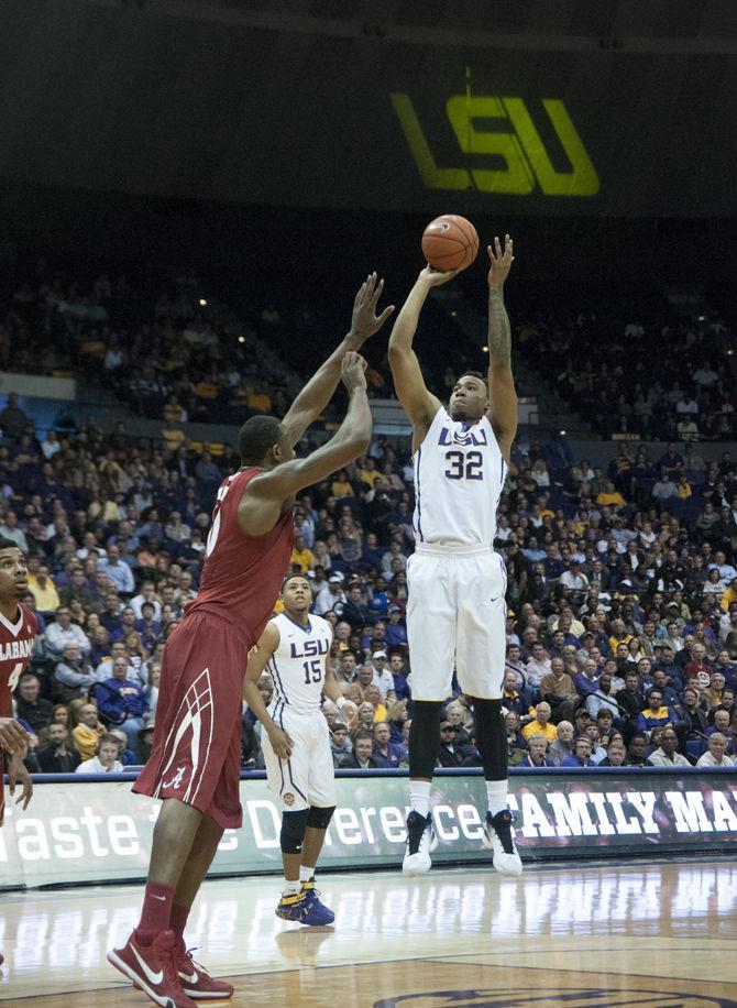 LSU sophomore forward Craig Victor II (32) takes a jump shot during the Tigers&#8217; 76-69 defeat against Alabama on Wednesday, Feb. 17, 2016 in the PMAC.