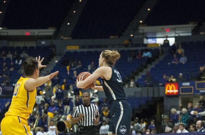 UConn sophomore guard/forward Katie Lou Samuelson (33) scans the floor for an open teammate during the Tigers' 76-53 loss to the UConn Huskies on Sunday, Nov. 20, 2016 in the Pete Maravich Assembly Center.