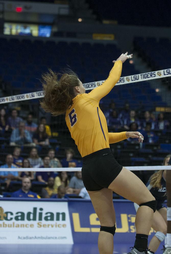 LSU senior middle blocker Tiara Gibson (6) spikes the ball during the Tigers' 3-1 loss against Ole Miss on November 4, 2016 in the Pete Maravich Assembly Center.