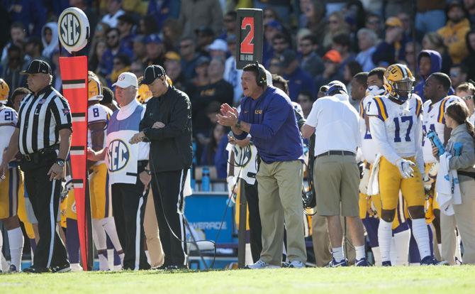 LSU Head Coach Ed Orgeron coaching his team from the sidelines during Tigers' 16-10 Loss against University of Florida on Nov. 19, 2016, at Death Valley.