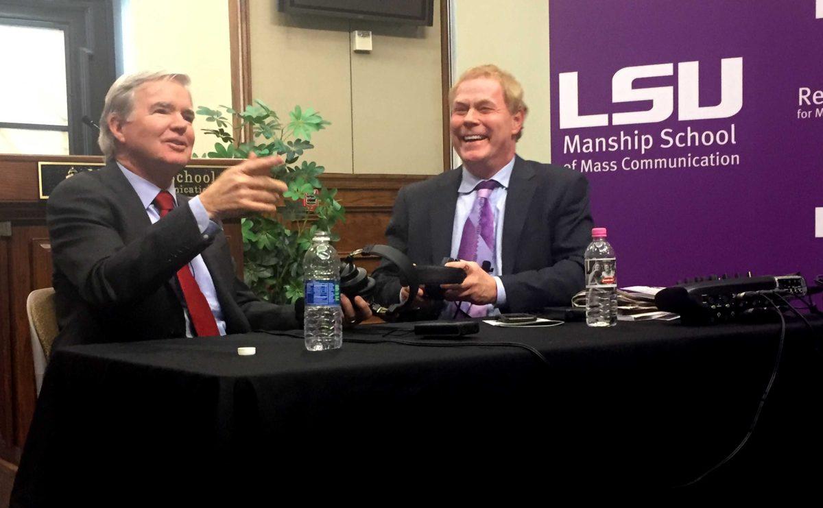 NCAA President and former LSU Chancellor Mark Emmert is interviewed by Jim Engster on the latter&#8217;s radio show at the conclusion of LSU&#8217;s Sports Summit 2016 Wednesday at the Manship School of Mass Communication.