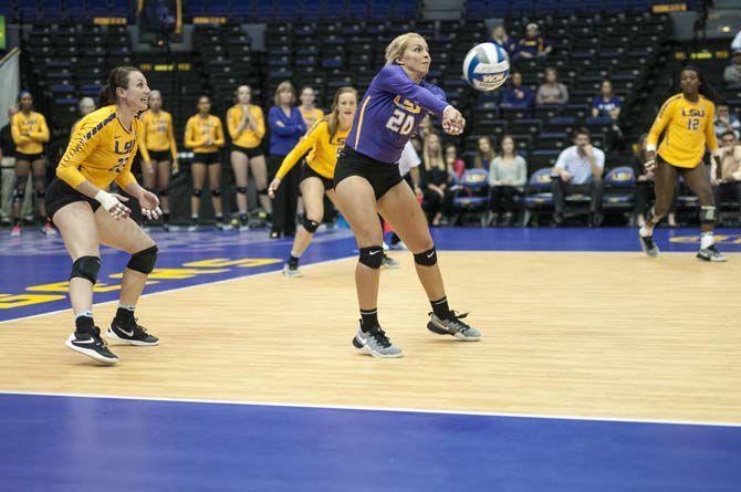 LSU junior defensive specialist Kelly Quinn (20) returns the ball during the Lady Tigers' 3-2 victory over the University of Georgia on Friday Nov. 11, 2016 at the Pete Maravich Assembly Center.