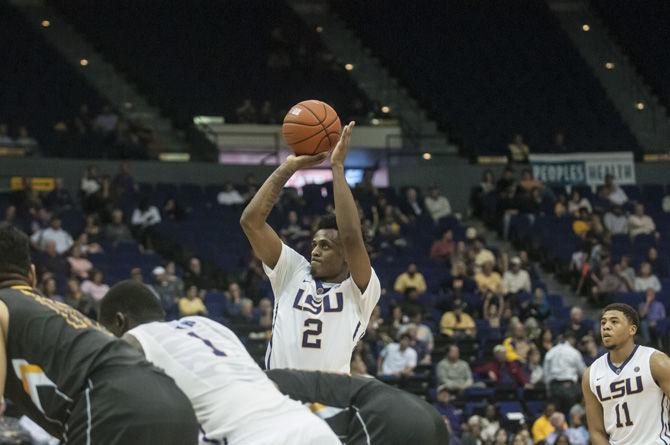 LSU sophomore guard Antonio Blakeney (2) shoots a free throw during the Tigers' 61-78 win against the University of Mississippi on Nov. 15, 2016 in the Pete Maravich Assembly Center.