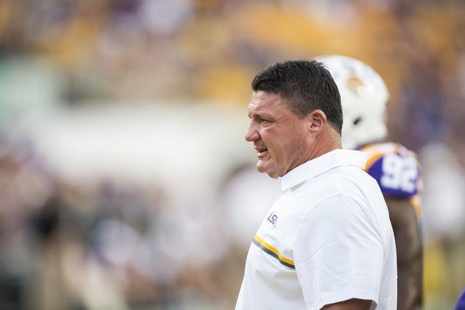 LSU interim head coach Ed Orgeron leads warm up drills before the LSU 45-10 win against Southern Mississippi on Saturday Oct. 15, 2016, in Tiger Stadium.