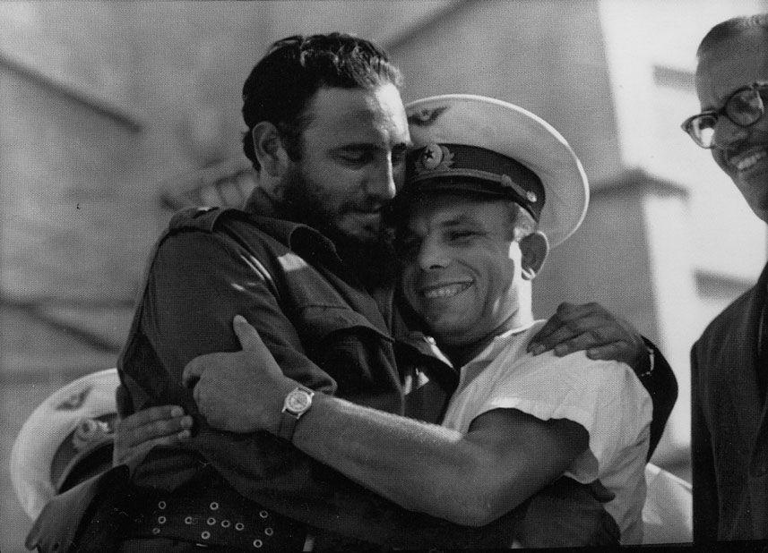 Fidel Castro embraces cosmonaut Yuri Gagarin on June &#160;26, 1961.