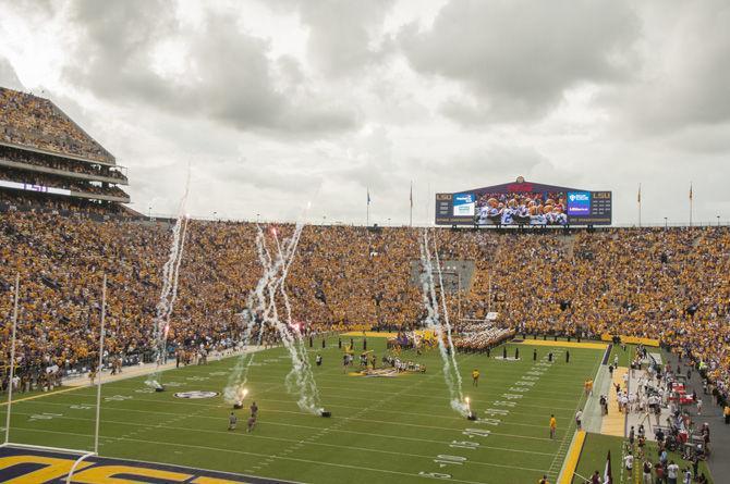 The LSU Tigers take the field for their game against Mississippi State on Sept. 17, 2016 at Tiger Stadium.