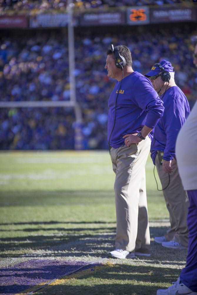 LSU interim head coach Ed Orgeron surveys the field during the Tigers' 16-10 loss to the Florida Gators on Saturday Nov. 19, 2016 at Tiger Stadium.