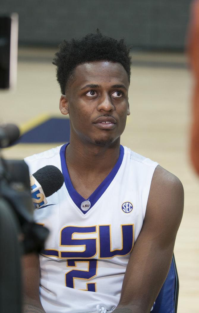 LSU sophomore guard Antonio Blakeney (2) answers a question from a reporter on October 12, 2016 in the University Basketball Practice Facility.