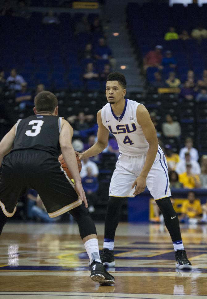 LSU freshman guard Skylar Mays (4) dribbles the ball during the Tigers' 91-69 win against Wofford earlier this month.