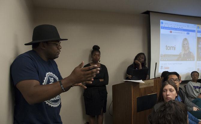 LSU Student Government Director of Policy Monturios Howard expresses his opinions during "The Unapologetic Conversation" on Nov. 10, 2016 in the African American Cultural Center.