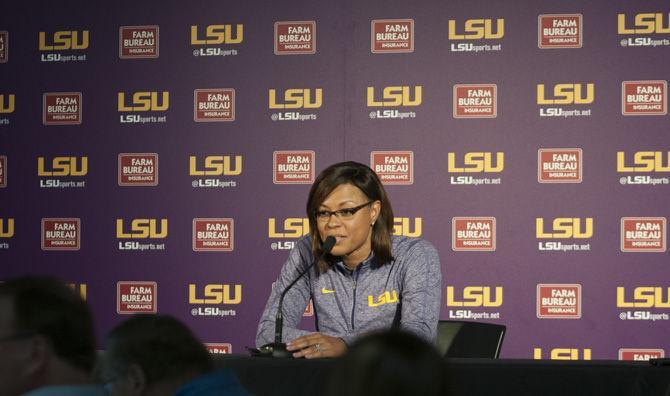 LSU Women's Basketball Head Coach Nikki Fargas awaits a question from reporters on October 12, 2016 in the University Basketball Practice Facility.