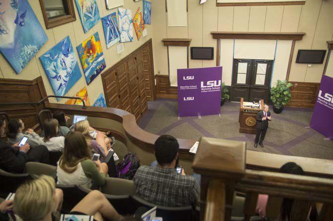 The NCAA president Mark Emmert speaking to the crowd at the LSU Sports Communication Summit at the Holiday Forum in the Journalism Building on LSU campus.