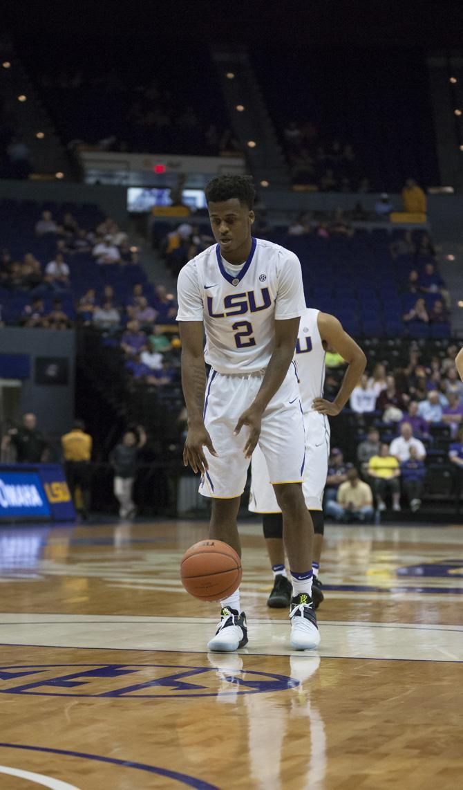 LSU sophomore guard Antonio Blakeney (2) prepares to shoot a free throw during the Tigers' 91-69 win against Wofford on November 12, 2016 in the Pete Maravich Assembly Center.