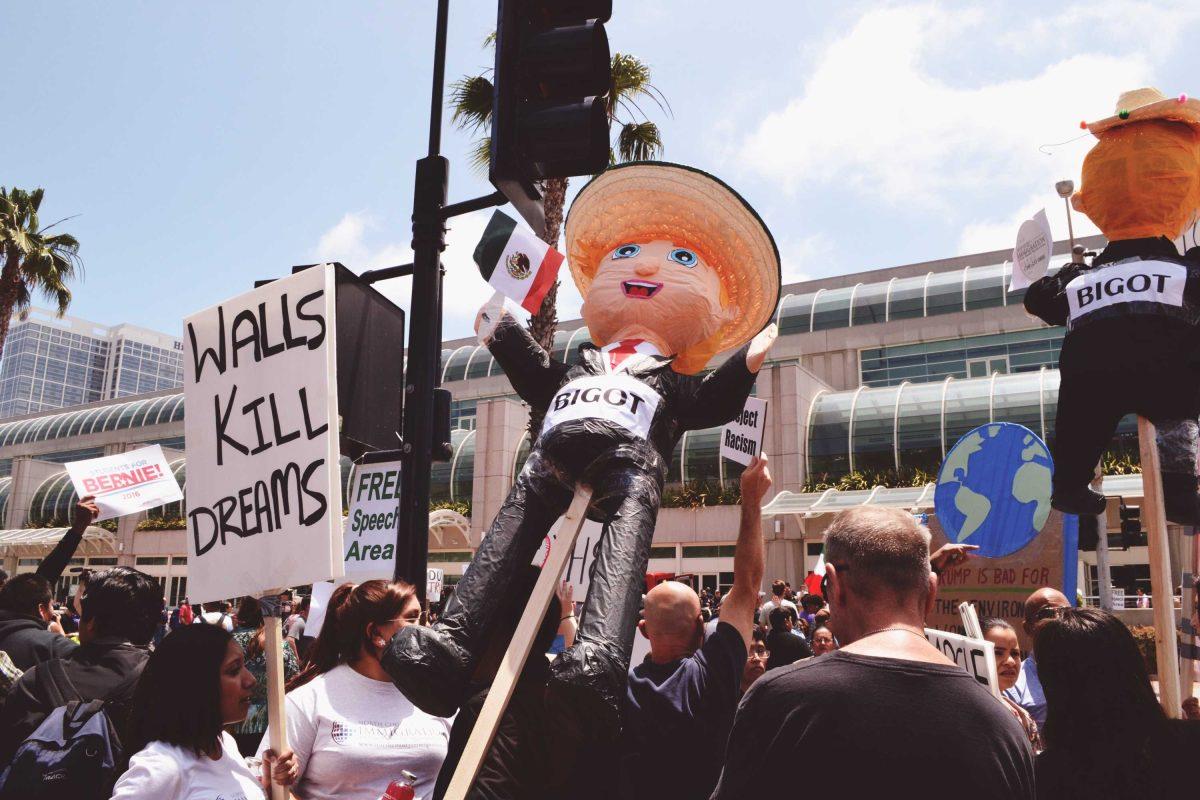 A May 26 protest in San Diego features an effigy of now President-elect Donald Trump.