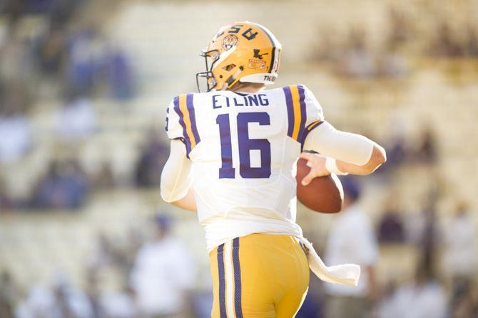 LSU junior quarterback Danny Etling warms up during a practice session on Saturday, Oct. 1, 2016, before the Tigers' 42-7 victory against Missouri in Tiger Stadium.