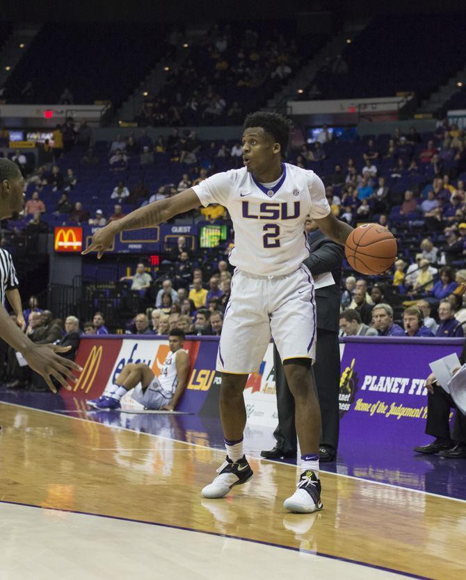 LSU sophomore guard Antonio Blakeney (2) calls out the play to his fellow teammates during the Tigers' 61-78 win against the University of Mississippi on Nov. 15, 2016 in the Pete Maravich Assembly Center.