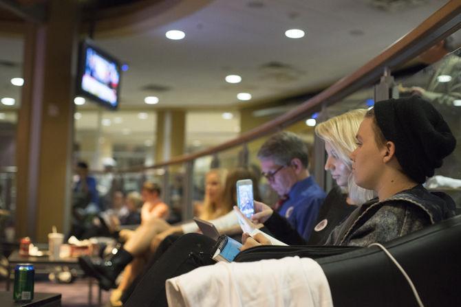 Students come to view the conclusion of the presidential race on Nov. 8, 2016 during the election night viewing party in the Live Oak Lounge of the LSU Student Union.