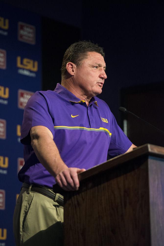 LSU interim head football coach Ed Orgeron speaks to the media during the weekly press conference on Monday Nov. 21, 2016, in the Moran Family Center for Athletic Administration building on LSU campus.