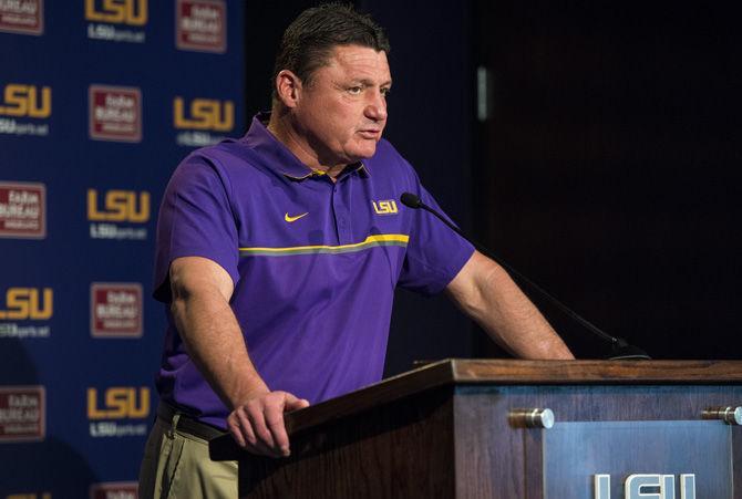 LSU interim head football coach Ed Orgeron speaks to the media during the weekly press conference on Monday Nov. 21, 2016, in the Moran Family Center for Athletic Administration building on LSU campus.