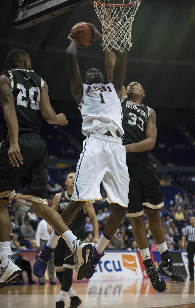 LSU junior forward Duop Reath (1) shoots a layup during the Tigers' 91-69 win against Wofford on Nov. 12, 2016 in the PMAC.