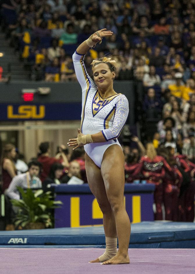 LSU all-around junior Ashleigh Gnat performs her floor routine Friday, March 4, 2016, during the Tigers' 197.925-196.225 victory against Alabama in the PMAC.