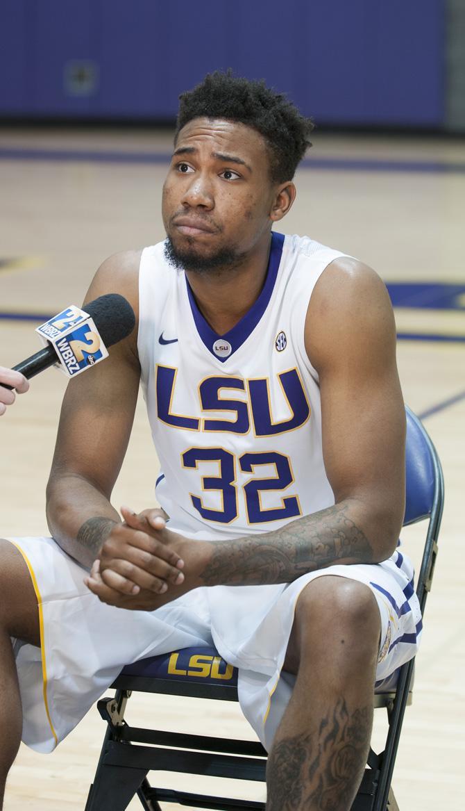 LSU junior forward Craig Victor II (32) awaits a reporter's question on October 12, 2016 in the University Basketball Practice Facility.